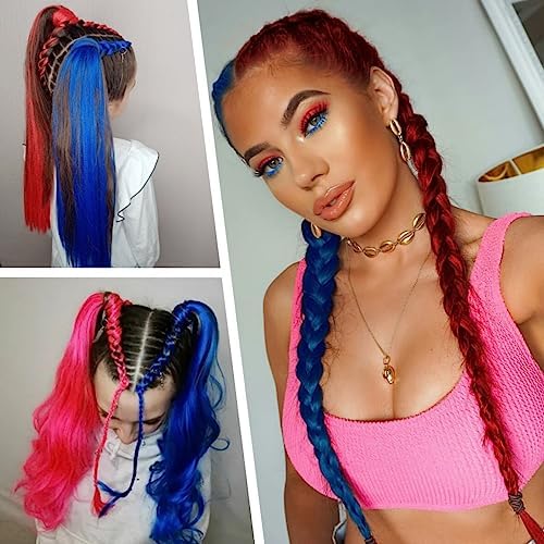 2 Pack Red Blue Contrast 26 Inch Braid Ponytail Extension with Elastic Tie - Image 6