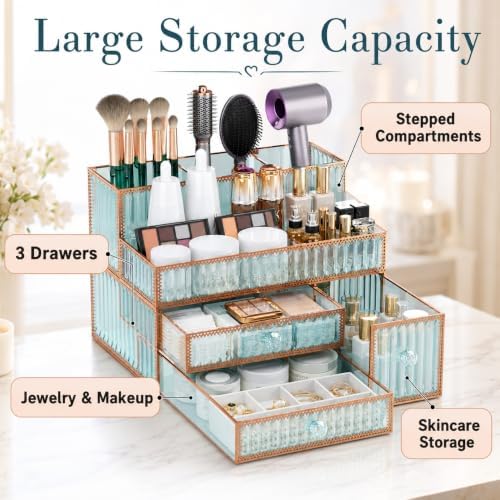 Youdepot Makeup Organizer Countertop - Tempered Glass Vanity Organizer for Cosmetics, Skincare, Hair Tools, Brushes, Perfume - Multipurpose Bathroom Counter Skincare Organizer - Image 5