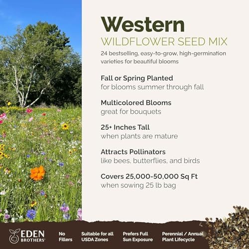 Eden Brothers Western Wildflower Mixed Seeds for Planting, 25 lb, 12,000,000+ Seeds with Cornflower, Blanket Flower | Attracts Pollinators, Plant in Spring or Fall, Zones 3, 4, 5, 6, 7, 8, 9, 10 - Image 2