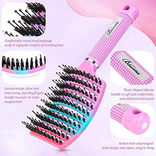 Boar Bristle Hair Brush Curved Vented Detangler Brush Faster Blow Drying, Paddle Detangling Brush for Women Men Kids Wet Dry Long Curly Thick Straight Hair, Make Hair Shiny and Healthier(Purple+Green) - Image 2