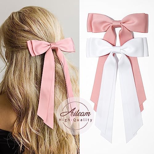 2PCS Silky Satin Hair Bows Hair Clip Pink White Hair Ribbon Ponytail Holder Accessories Slides Metal Clips Hair Bow for Women Girls Toddlers Teens Kids - Image 4