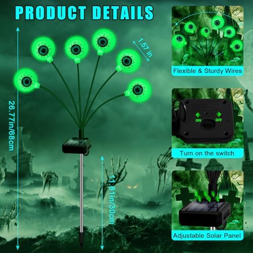 NBQQ Halloween Decorations Outdoor, 4 Pack 24 LED Solar Scary Eyeball Swaying Lights, Green Solar Firefly Lights Waterproof Outdoor Garden Light for Yard,Garden,Lawn,PartyPatio,Party - Image 5