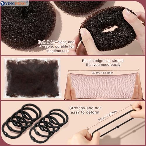 YINGFENG 134 Pcs Brown Hair Bun Maker Kit Medium - 4 Bun Hair Pieces for Women, 20 Hair Net for Buns, 100 Bobby Pins for Women, 10 Hair Bands, for Ballet Styling, Hair Accessories for Girls - Image 7