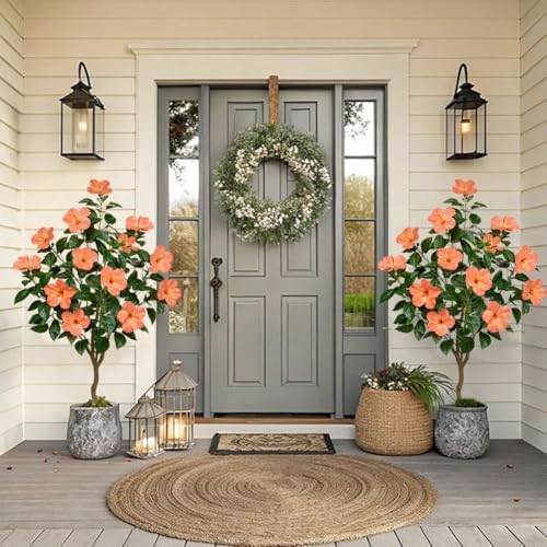 Briful 49.6" Artificial Hibiscus Trees 2 Pack, Faux Tropical Plants, Peach - Image 2