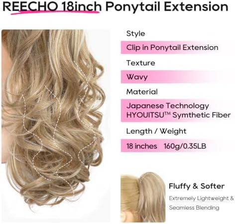 REECHO Ponytail Extension, 18" Clip in Ponytail Hair Extensions for Women, Short Wavy Synthetic Pony Tail Hairpiece for Daily Wear-Honey Blonde with Highlights - Image 2