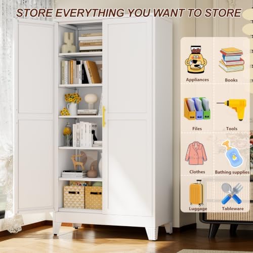 79" White Metal Storage Cabinet with 2 Doors and 5 Adjustable Shelves,Steel Garage Tool Cabinet, File Cabinet,Kitchen Pantry Cabinet for Home,Office,Garage,School,Warehouse - Image 6