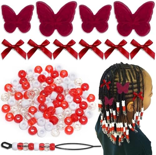 100PCS Hair Beads for Braid Wine Red Mini Bow Hair Clips Lace Embroidery Butterfly Hair Clips Gradient Acrylic Pony Beads Loc Dreadlock Kits for Women by Arocooy