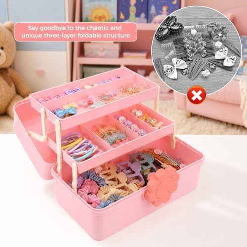 Hair Accessories Organizer for Girls, Portable 3-Layer Folding Storage Box with Handle, Organizer for Hair Clips, Bows, Headbands & Hair Ties, 11.4 x 6.3 x 6.3 Inch - Image 6