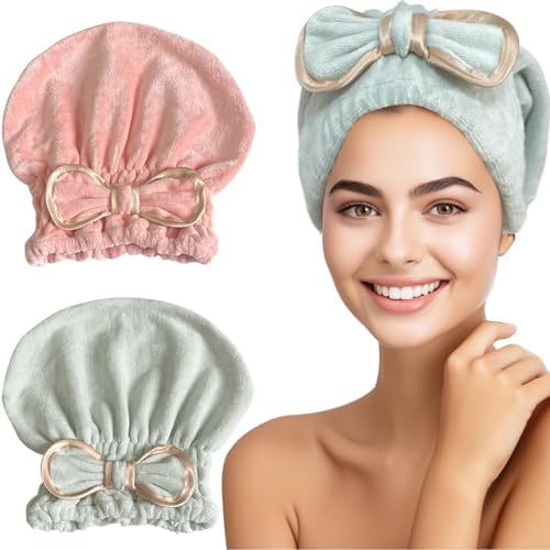 Jseng Microfiber Hair Towel Caps for Women with Cute Bowtie, 2Packs Fast Drying Hair Towel Caps for Curly Long Wet Hair Anti Frizz by Jseng
