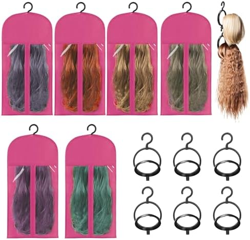 KOLLIEE 6 Pcs Wig Bags Storage with Wig Hanger Dust-proof for Multiple Wigs Hanging Storage Bags Organizer Foldable Easy Carry Suitable for Home Travel Hair Salon Rose by KOLLIEE