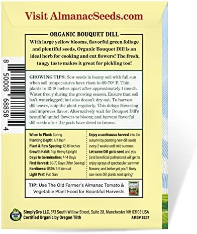 The Old Farmer's Almanac Organic Dill (Bouquet) Seeds - Approx 750 Seeds - Certified Organic, Non-GMO, Open Pollinated, Heirloom, USA Origin - Image 3