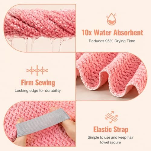 4 Pack Pink Microfiber Hair Turban Wrap for Women, Ultra Soft Quick Absorbing Hair Drying Towel with Elastic Loop, Frizz‑Free Hair Wrap for Long Thick Curly Hair - Image 2