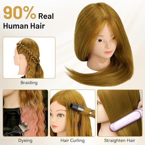 Mannequin Head Human Hair, 90% Human Hair with Tripod Stand, 23" Makeup Mannequin Cosmetology Manikin Practice Doll Head with Stand, Face Gems, Braiding Hairdressing Head for Hair Styling with Table Clamp + DIY Hair Styling Set - Image 4