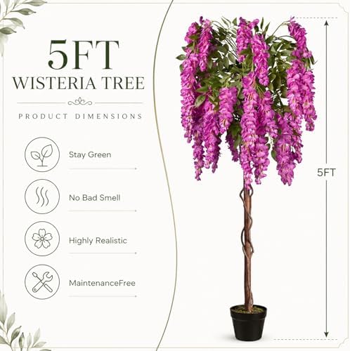 5ft Artificial Wisteria Tree, Fake Tree with Firmly Attached Blooms for Less Shedding, Faux Trees Indoor Outdoor Home Office Living Room Decor, Potted Floor Plant - Image 5