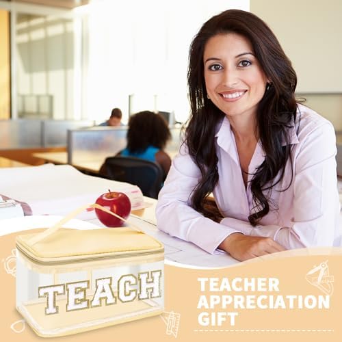 Teacher Appreciation Gifts Chenille Letter Clear Makeup Bag TEACH Pouch, Preppy Patch Makeup Bag Zipper with Handle Nylon Travel Cosmetic Bag Graduation Retirement Teacher Gifts for Women(TEACH-Beige) - Image 4