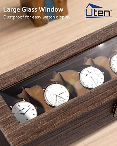 Uten Watch Box 6 Slots with Glass Lid, Wood Grain PU Leather - Image 3