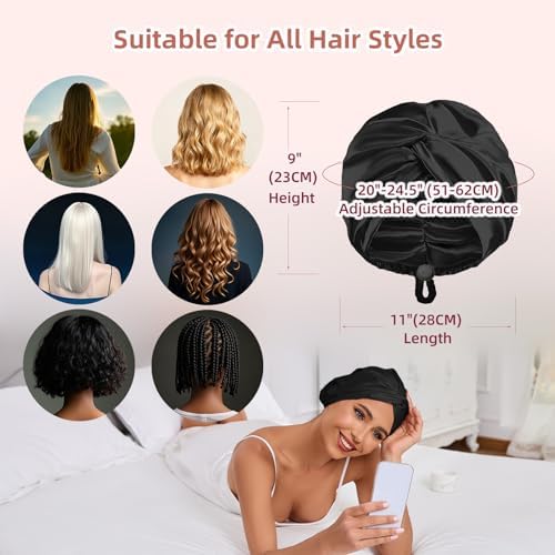 Adjustable Silk Satin Hair Bonnet for Sleeping Women, Double Layer, Silk Hair Wrap for Sleeping Women Men, Curly Natural Braid Straight Unisex - Black - Image 6
