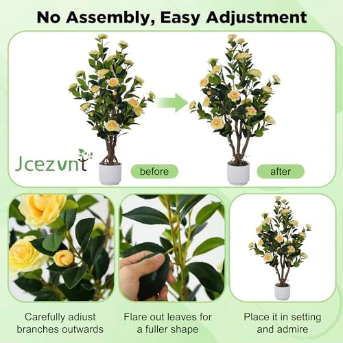 2 Pack Artificial Camellia Tree with White Pot, 38" Faux Potted Plants for Indoor Outdoor Decor, Tall Silk Greenery Plant for Home Offce Living Room Balcony, Yellow - Image 6