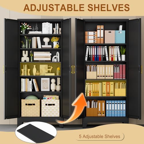 75" Black Metal Storage Cabinet with 2 Doors and 5 Adjustable Shelves,Steel Garage Tool Cabinet, File Cabinet,Kitchen Pantry Cabinet for Home,Office,Garage,School,Warehouse - Image 4