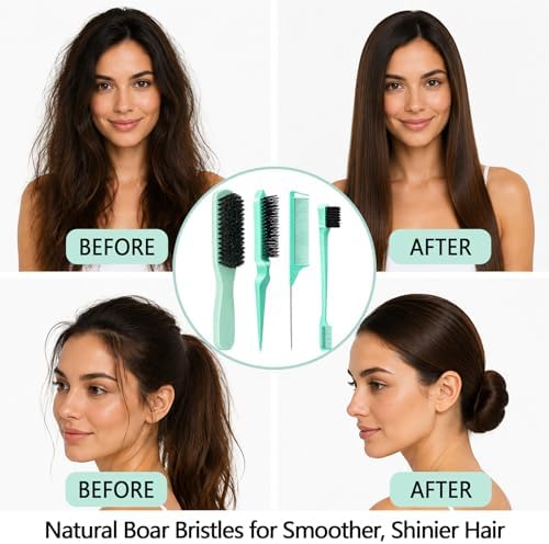 4Pcs Beech Wood Boar Bristle Slick Back Hair Brush Set with Gift Bag, Edge Brush, Teasing Brush & Rat Tail Comb, Smooth Frizz Flyaways Ponytails Buns & Baby Hair Edges Styling Tools for Women Men Kids - Image 5