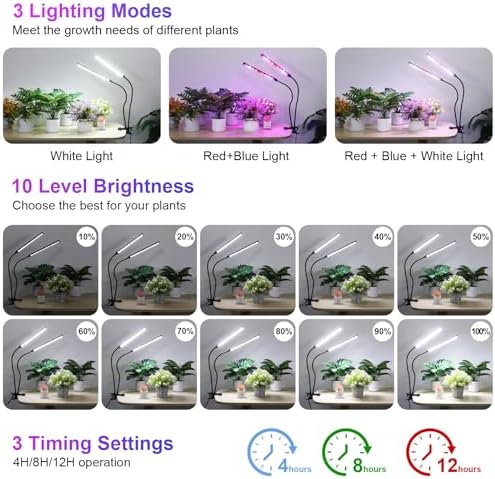 Indoor Clip-on Plant Growth Light, Full Spectrum Grow Light with 156 LEDs, Flexible Gooseneck and 4/8/12H Timer, 3 Spectral Modes, 10 Levels of Dimming, Suitable for Seedlings and Succulent Seeds - Image 2