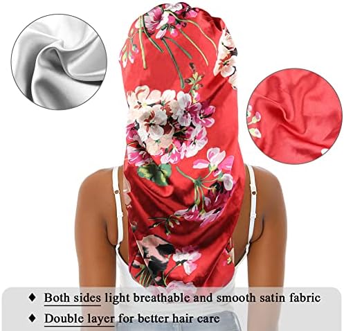 Extra Large Satin Bonnet Sleep Cap for Women, Double Layer Silky Hair Bonnet with Tie Band for Braids/Curly/Long Hair - Red Floral - Image 2