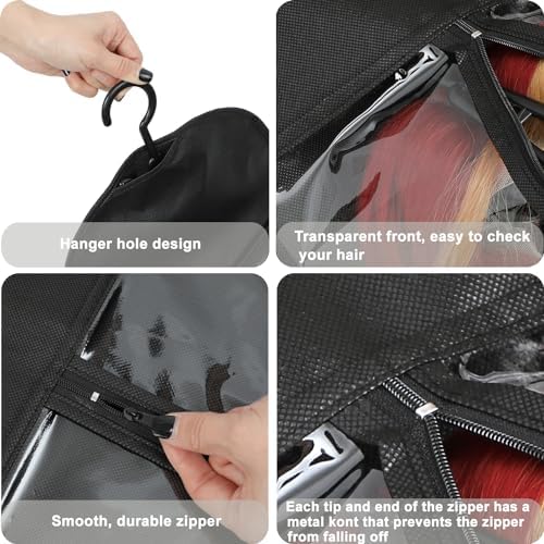 Hair Extension Holder 3Pcs Wig Storage Bags with Hanger, Wig Holder Wig Storage for Multiple Wigs, Breathable Dust-proof Extra Long Wig Bags for Hair Extensions & Accessories (Hot Pink) - Image 5