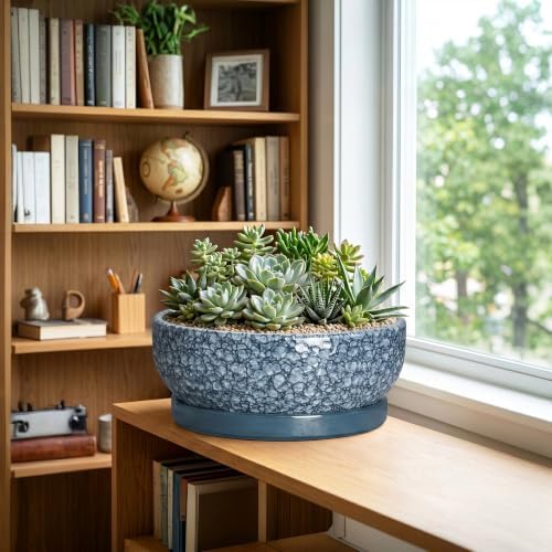Bonsai Pots 13 Inch, Ceramic Succulent Planter with Tray, Scale Blue - Image 4