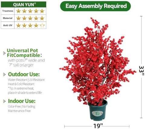 33 Inch Tall Artificial Red Berry Potted Plant, Christmas Faux Berry Bush Floor Decoration for Front Porch, Entryway, Living Room & Fireplace Farmhouse Indoor Decor - Image 5
