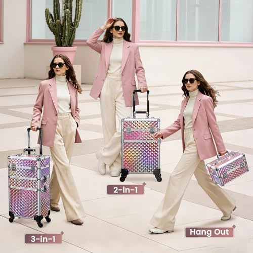 FRENESSA 3 in 1 Rolling Makeup Train Case Cosmetology Case on Wheels Pink - Image 4