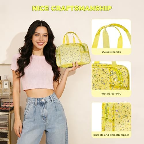 Clear Yellow Star Large Makeup Bag with Star Pattern 12x5x8 inch, Travel Cosmetic Bag with Handle, Durable PVC Material Washbag Zipper Opening Design for Makeup Travel Organizer or Gym Use - Image 3
