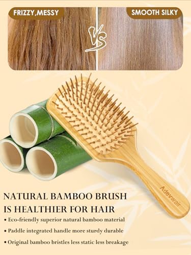 Bamboo Hair Brush for Men Women Detangling Thick Curly Hair, Natural Bamboo Bristles Wooden Paddle Hairbrush with Ergonomic handle for All Hair Types - Image 2