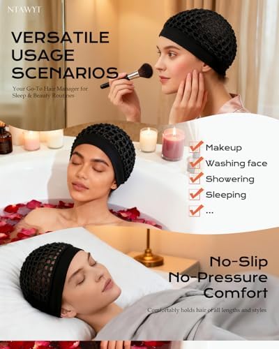 2 Pieces Comfortable Elastic Knit Hair Net for Sleeping & Silk Press - No Red Marks, Tubi Hair Warp Mesh Snood Cap for Women(Black) - Image 4