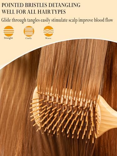 Bamboo Hair Brush for Men Women Detangling Thick Curly Hair, Natural Bamboo Bristles Wooden Paddle Hairbrush with Ergonomic handle for All Hair Types - Image 4