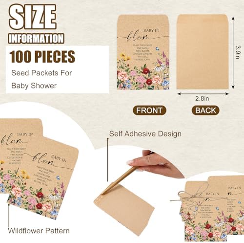 JarThenaAMCS 100Pcs Baby Shower Seed Packets Spring Wildflower Self Adhesive Kraft Envelopes with Thank You Tags Baby in Bloom Seed Storage Pockets for Garden Party Favors Supplies - Image 3