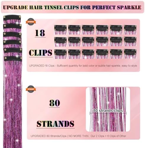 Hair Tinsel Kit 18 Pcs Hair Tinsel Clip in Fuller Sparkle, Heat Resistant Clip in Glitter Tinsel Hair Extensions Fairy Purple Hair Accessories for Women Girls Daily Party Festival (Purple) - Image 3
