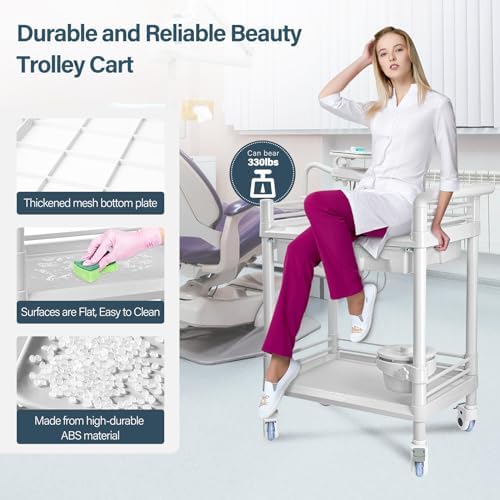 2 Tier Esthetician Cart, Rolling Utility Cart with Bucket & 2 Big Drawers, Heavy Duty Salon Trolley with 360 Rotate Silent Wheels, Load 330lbs Mobile Medical for Salon Hospital Office Lab - Image 5