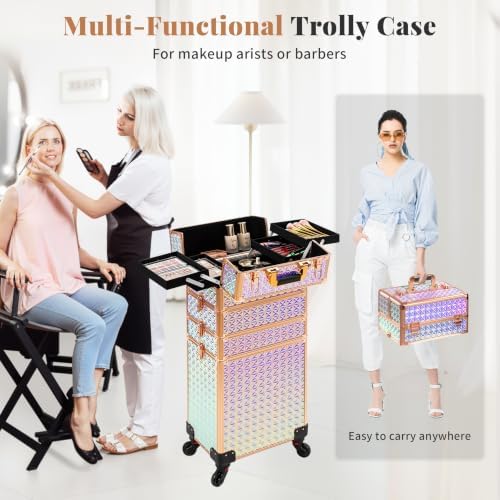 AROUS 5 in 1 Rolling Makeup Train Case with Lid Cosmetology Case on Wheels - Image 5