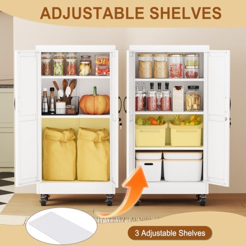 47" Metal Garage Storage Locker Cabinet with Wheels,Rolling White Lockable Tool Cabinet with 2 Doors and 3 Adjustable Shelves, Steel File Cabinet for Home Office Warehouse Gym - Image 4