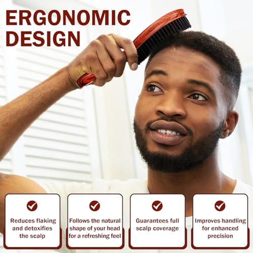 Handle Brushes for 360 Waves - Hard Wave Hair Brushes Wave Styler Great for Wolfing Wave Styler Brush Great for Black Hair - Boar & Nylon Bristle Curve Wave Brush for Barbers & Daily Use (Red) - Image 3