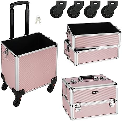 mefeir 4 in 1 Rolling Makeup Train Case, Aluminum Makeup Travel Organizer Cosmetic Case, Cosmetology Display Suitcase on Wheels, Beauty Storage Luggage Lockable w/4 Removable Wheels (Pink) - Image 3