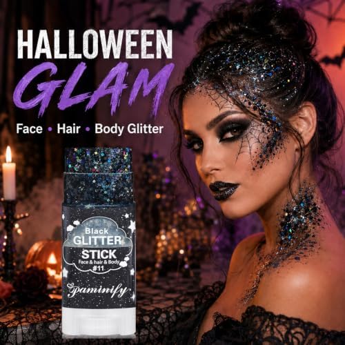Black Face Glitter Stick,Halloween Black Holographic Body Hair Glitter,Waterproof Singer Concert Outfits for Women, Chunky Glitter Makeup Sequins Body Paint for Parties,Festival - Image 4