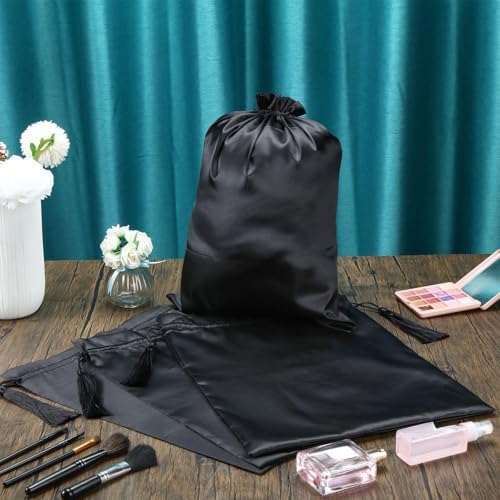Shappy 4 Pieces Silk Satin Wig Bag Black Hair Bags with Drawstring Tassel Stuff Satin Black Gift Travel Storage for Packaging Bundles Extension Home Salon Travel - Image 6