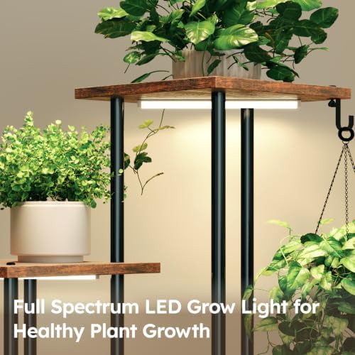 Plant Stand Indoor with Grow Light - 5-Tier Metal Plant Shelf with Hanging Basket Hook, Corner Tall Flower Holder for Multiple Plants, Living Room Balcony Garden Patio, Rustic Brown - Image 3