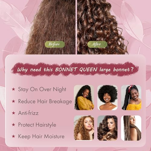 BONNET QUEEN XL Large Silk Like Bonnet for Sleeping for Curly Hair,Satin Bonnet with Adjustable Tie Band,Dark Red - Image 5