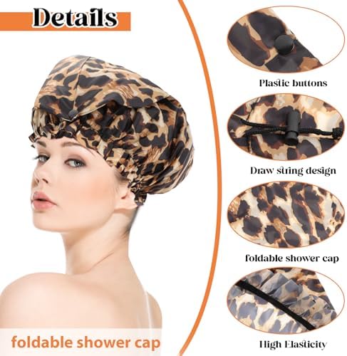 2 Pcs Large Shower Cap for Braids, Extra Long Shower Cap for Women Long Hair & Locs, Waterproof Hair Bonnets for Dreadlocks Drawstring Bath Caps for Women & Men (Black, Leopard) - Image 3