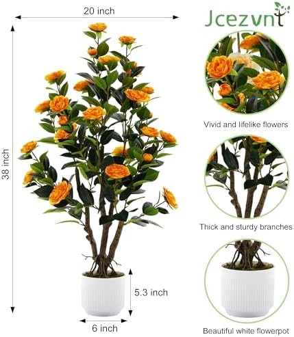 2 Pack Artificial Camellia Tree with White Pot, 38" Faux Potted Plants for Indoor Outdoor Decor, Tall Silk Greenery Plant for Home Offce Living Room Balcony,White, Orange - Image 3