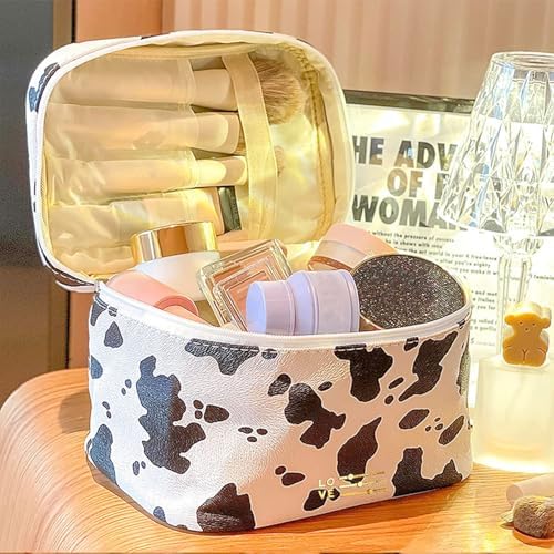 Travel Makeup Bag for Women, PU Leather Cosmetic Case, Cute Cow Printed - Image 6
