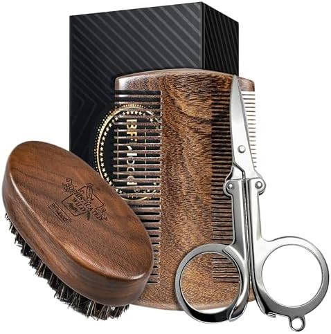 BFWood Mens Beard Brush Comb Kit, Small Travel Beard Set - Natural Boar Bristles With Black Walnut Wood, Grooming Sandalwood Mustache Comb, Mustache Trimming Sissors With Storage Bag by BFWood