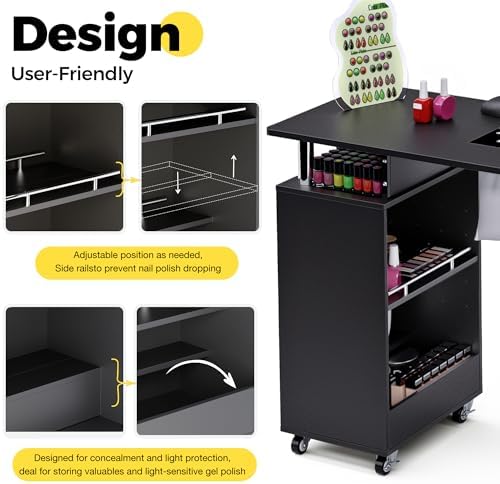 Manicure Table Nail Desk with Dust Collector & Wheels (Black) - Image 6